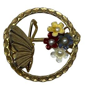 Butterfly and Flowers Brooch‎ Gold Tone Enamel Faux Pearl Centers Vintage Pin